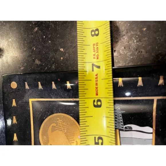 Vintage 1950s MCM Oil Drill Rig souvenir black gold glass tray South Bend In